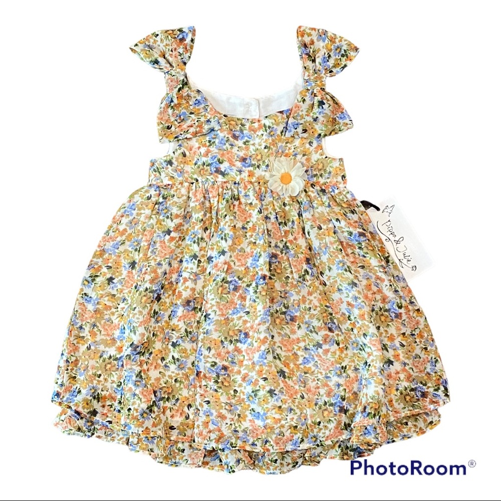 Pippa & Julie tan, orange, blue floral dress